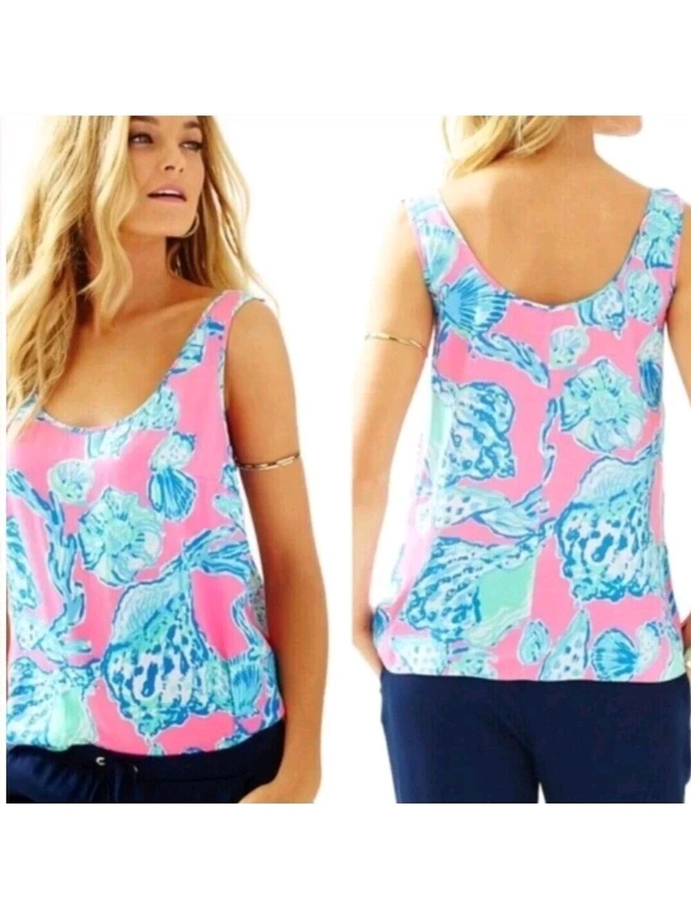 Lilly Pulitzer Silk Tank Top Barefoot Princess Cosmos Womens M Seashell Pink Blu